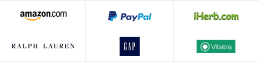 amazon.com, PayPal, IHerb.com, RALPH LAUREN, GAP, Vitatra