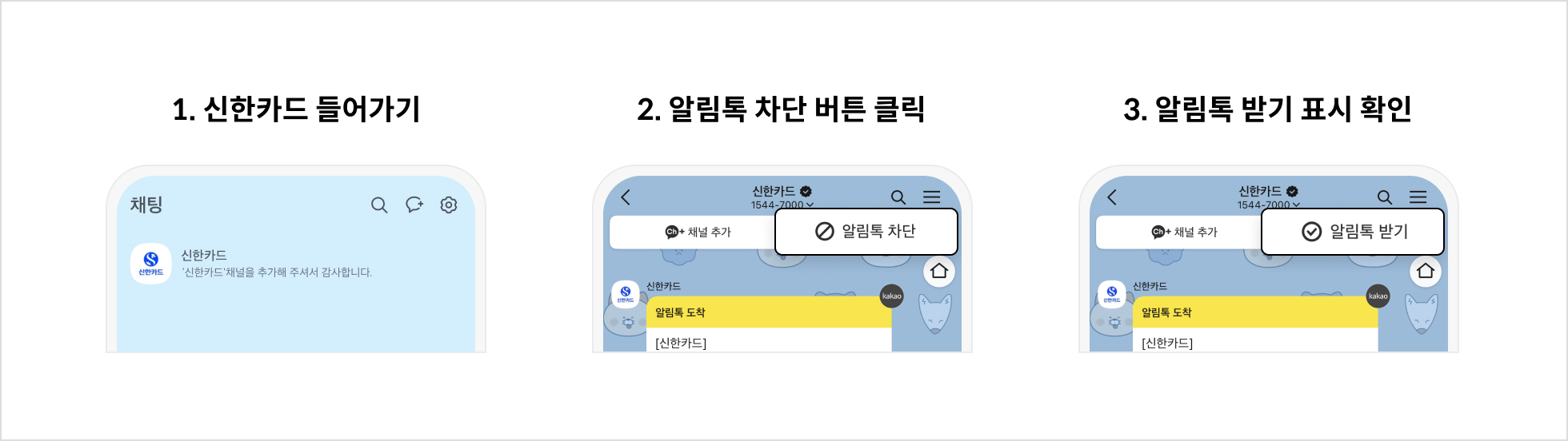 1. 신한카드 들어가기 2. 알림톡 차단 버튼 클릭 3. 알림톡 받기 표시 확인
