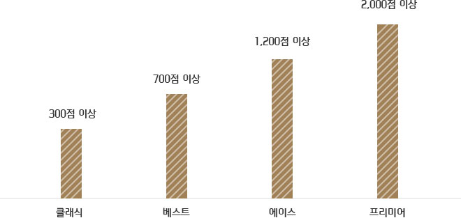Tops 점수에 따른 등급기준, 프리미어 2000점 이상, 에이스 1200점 이상, 베스트 700점 이상, 클래식 300점 이상에 대한 이미지