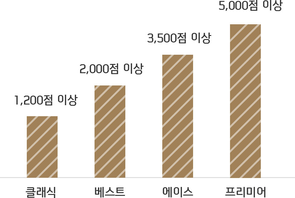 Tops 점수에 따른 등급기준, 프리미어 5000점 이상, 에이스 3500점 이상, 베스트 2000점 이상, 클래식 1200점 이상에 대한 이미지