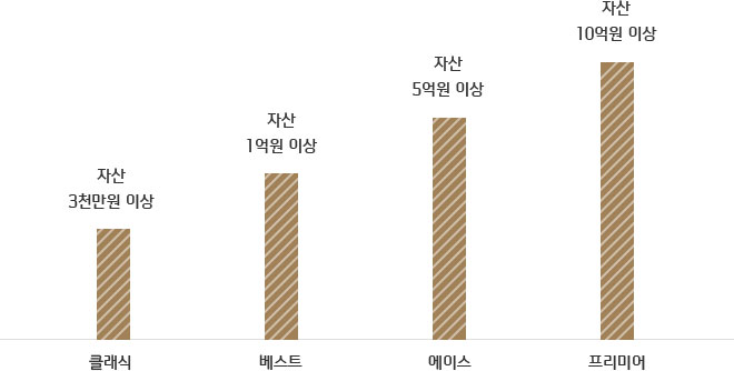프리미어 자산 10억원 이상, 에이스 자산 5억원 이상, 베스트 자산 1억원 이상, 클래식 자산 3천만원 이상에 대한 이미지