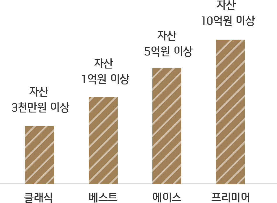 프리미어 자산 10억원 이상, 에이스 자산 5억원 이상, 베스트 자산 1억원 이상, 클래식 자산 3천만원 이상에 대한 이미지
