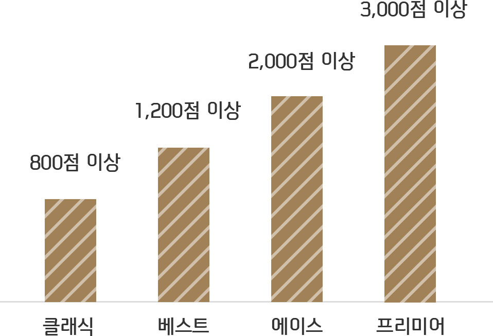 프리미어 3000점 이상, 에이스 2000점 이상, 베스트 1200점 이상, 클래식 800점 이상에 대한 이미지