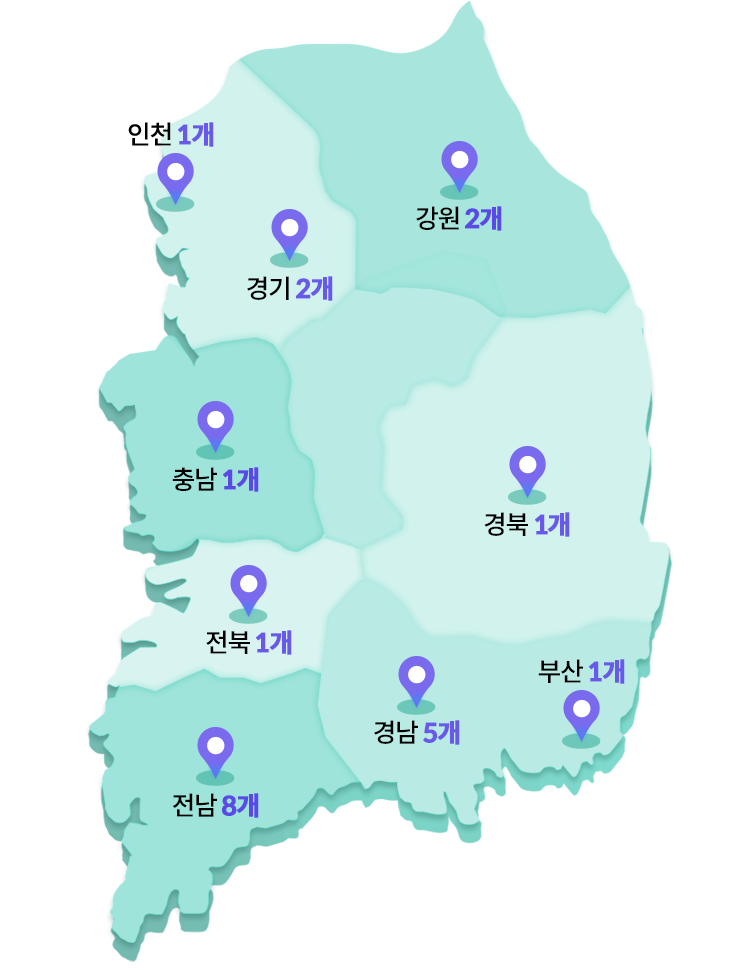 지역축제 전국 전도 - 인천 1개, 경기 2개, 강원 2개, 충남 1개, 전북 1개, 전남 8개, 경북 1개,  경남 5개, 부산 1개