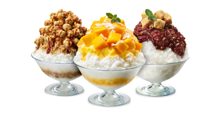 파리바게뜨 매장에서 판매하는 빙수 (커피 카라멜 팝콘 빙수, POP애플망고빙수, 팥빙수)