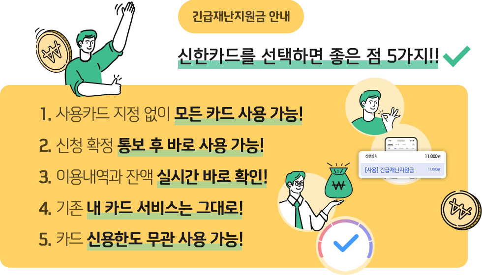 긴급재난지원금 안내. 신한카드를 선택하면 좋은 점 5가지!! 1. 사용카드 지정 없이 모든 카드 사용 가능! 2. 신청 확정 통보 후 바로 사용 가능! 3. 이용내역과 잔액 실시간 바로 확인! 4. 기존 내 카드 서비스는 그대로! 5. 카드 신용한도 무관 사용 가능!