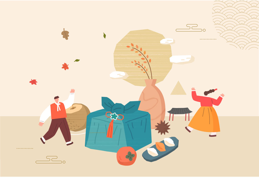 한복을 입고 있는 사람들과 추석 선물, 음식이 놓여져 있는 이미지