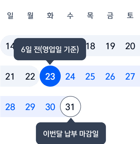 6영업일 전인 1월 22일까지 신청 시 이번달 1월 납부, 6영업일 당일인 1월 23일부터 이번달 납부 마감일인 1월 31일에 신청 시 다음달 2월 납부